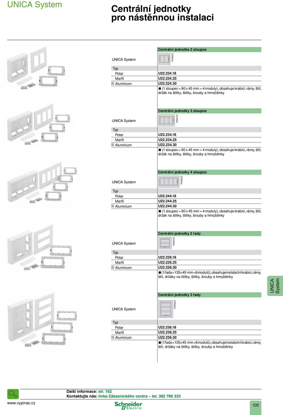 234.8 U22.234.25 U22.234.30 ( sloupec = 90 x 45 mm = 4 moduly), obsahuje krabici, rámy, štít, držák na štítky, štítky, šrouby a hmoždinky Centrální jednotky 4 sloupce UICA System Polar Marfil Aluminium P0052CZ U22.