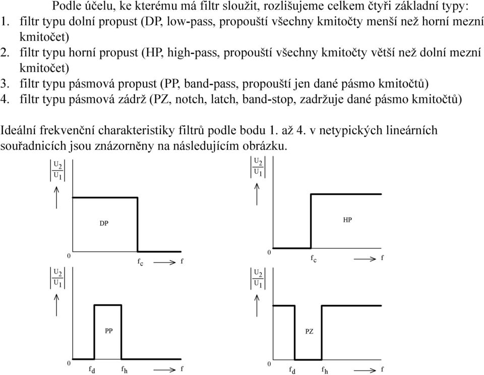 filtr typu horní propust (HP, high-pass, propouští všechny kmitočty větší než dolní mezní kmitočet) 3.