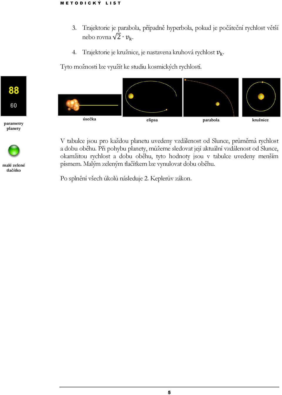 parametry planety malé zelené úsečka elipsa parabola kružnice V tabulce jsou pro každou planetu uvedeny vzdálenost od Slunce, průměrná rychlost a dobu oběhu.