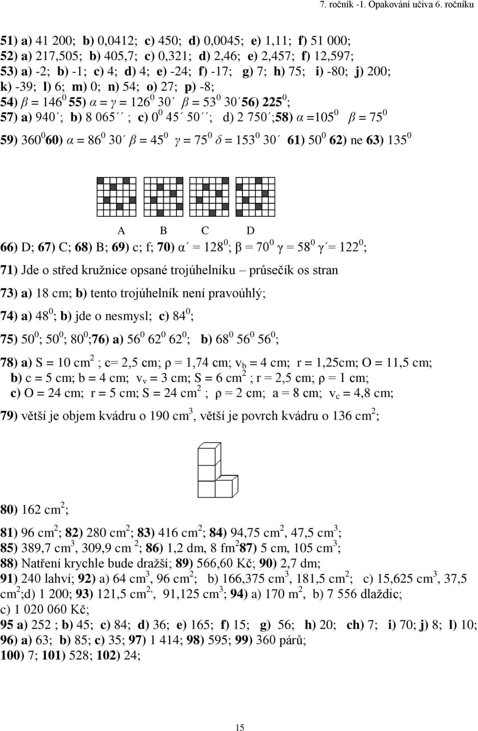 0 ; β = 0 0 γ = 8 0 γ = 0 ; ) Jde o střed kružnice opsané trojúhelníku průsečík os stran 3) a) 8 cm; b) tento trojúhelník není pravoúhlý; ) a) 8 0 ; b) jde o nesmysl; c) 8 0 ; ) 0 0 ; 0 0 ; 80 0 ;6)