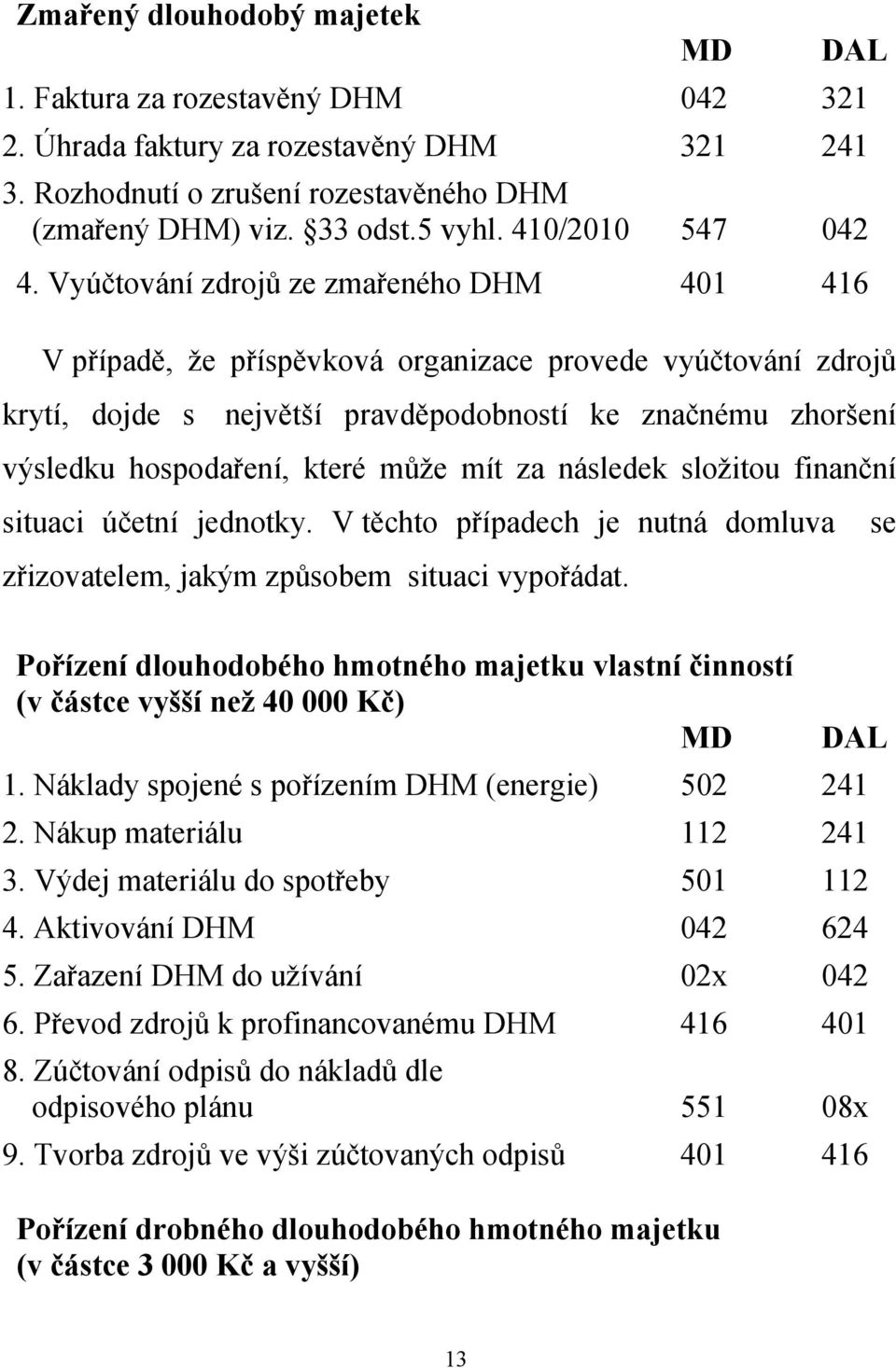 Vyúčtování zdrojů ze zmařeného DHM 401 416 V případě, že příspěvková organizace provede vyúčtování zdrojů krytí, dojde s největší pravděpodobností ke značnému zhoršení výsledku hospodaření, které