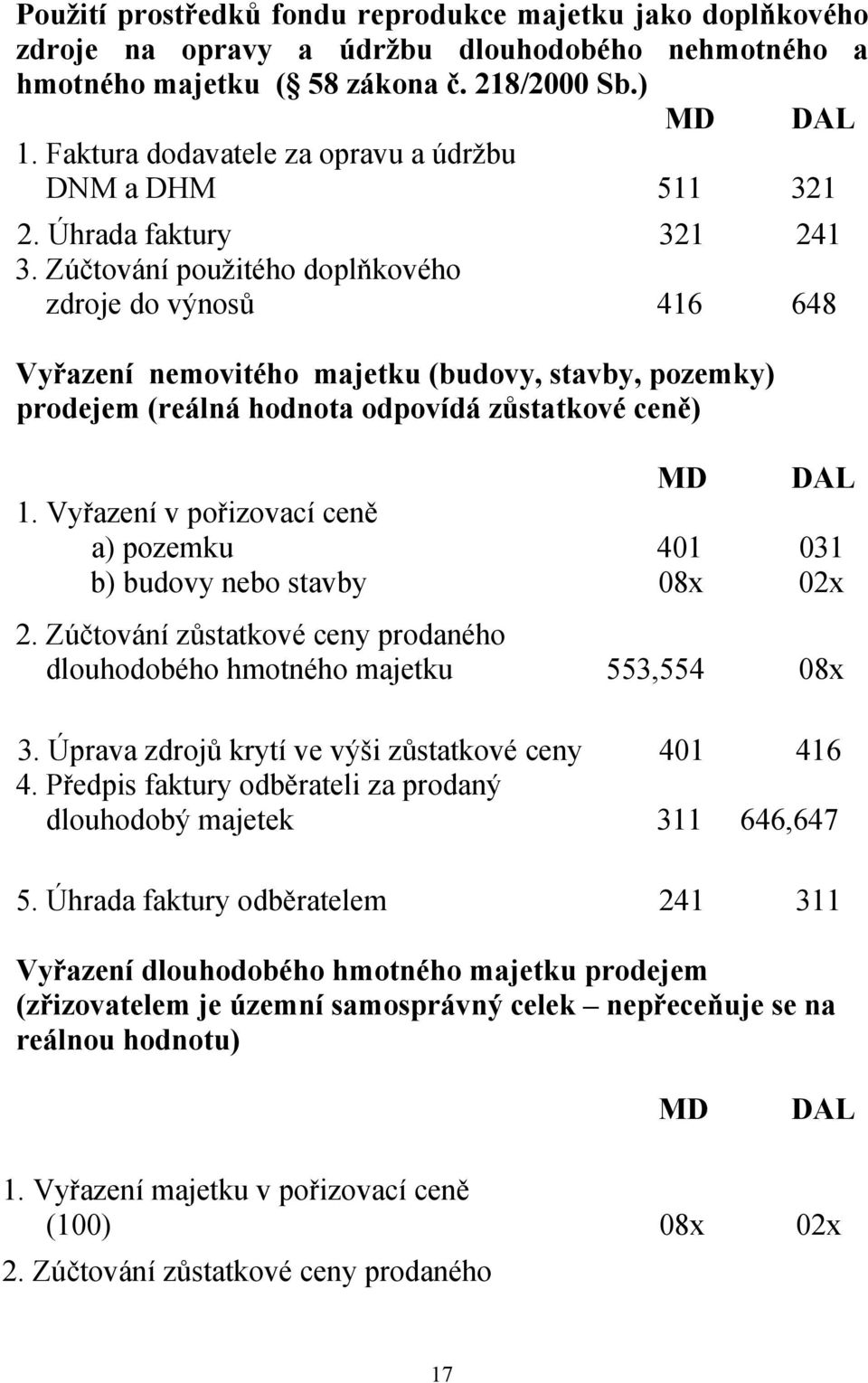 Zúčtování použitého doplňkového zdroje do výnosů 416 648 Vyřazení nemovitého majetku (budovy, stavby, pozemky) prodejem (reálná hodnota odpovídá zůstatkové ceně) 1.