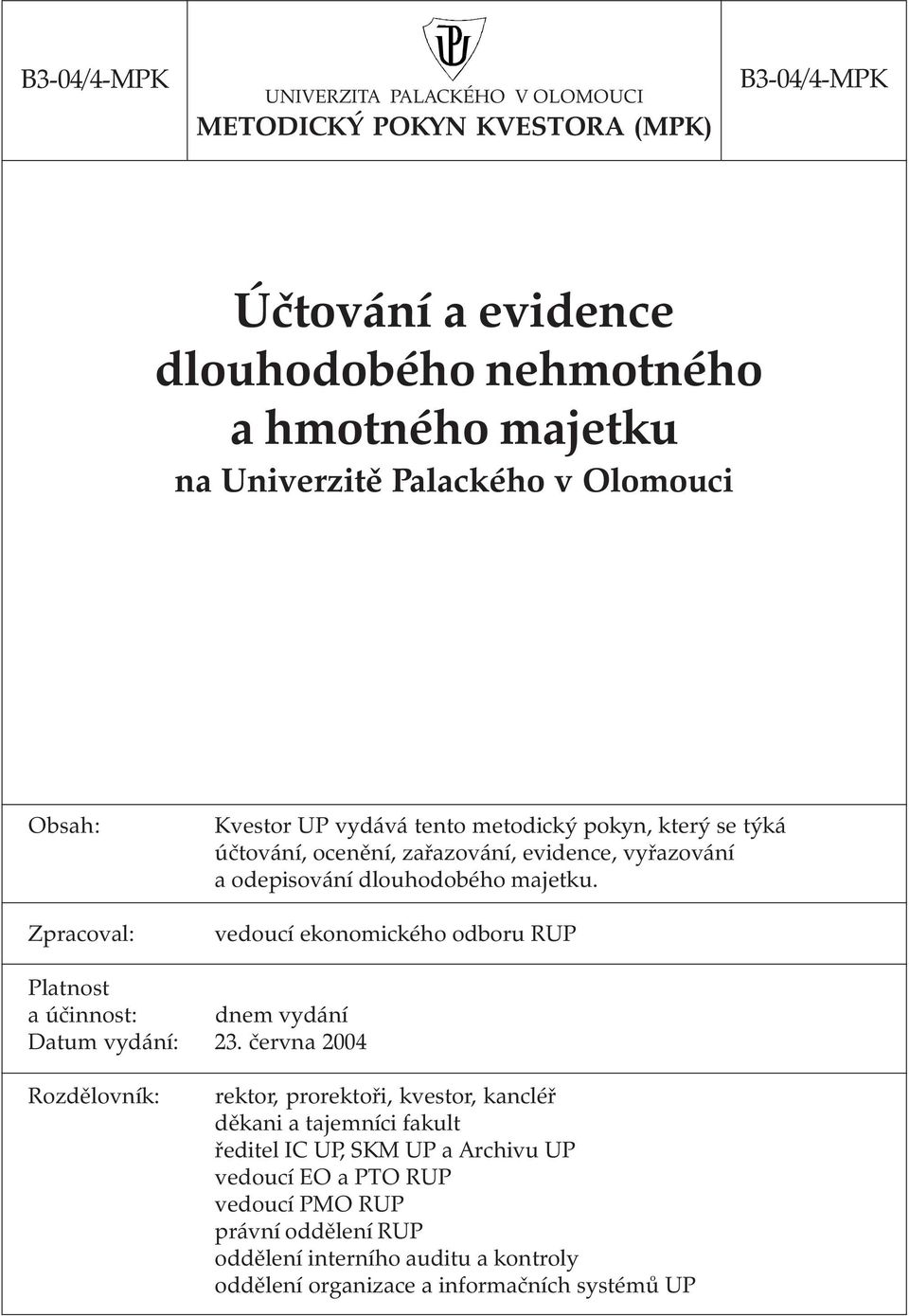 majetku. vedoucí ekonomického odboru RUP Platnost a účinnost: dnem vydání Datum vydání: 23.