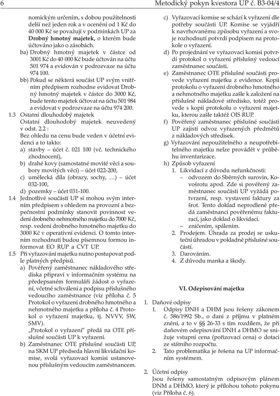 ba) Drobný hmotný majetek v částce od 3001 Kč do 40 000 Kč bude účtován na účtu 501 974 a evidován v podrozvaze na účtu 974 100.