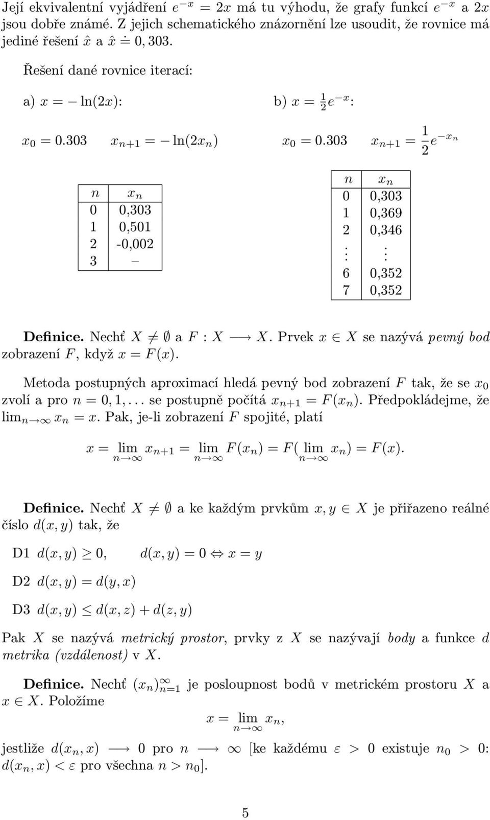 Prvek x X se nazývá pevný bod zobrazení F, když x = F (x) Metoda postupných aproximací hledá pevný bod zobrazení F tak, že se x 0 zvolí a pro n = 0,, se postupně počítá x n+ = F (x n )