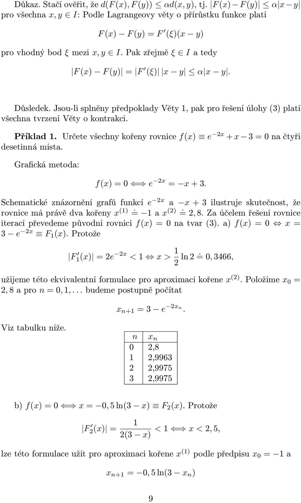 2x + x 3 = 0 na čtyři desetinná místa Grafická metoda: f(x) = 0 e 2x = x + 3 Schematické znázornění grafů funkcí e 2x a x + 3 ilustruje skutečnost, že rovnice má právě dva kořeny x () = a x (2) = 2,