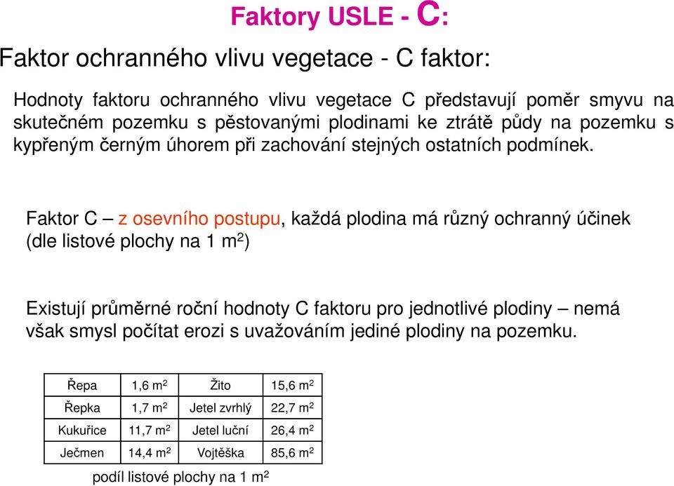 Faktor C z osevního postupu, každá plodina má různý ochranný účinek (dle listové plochy na 1 m 2 ) Existují průměrné roční hodnoty C faktoru pro jednotlivé plodiny