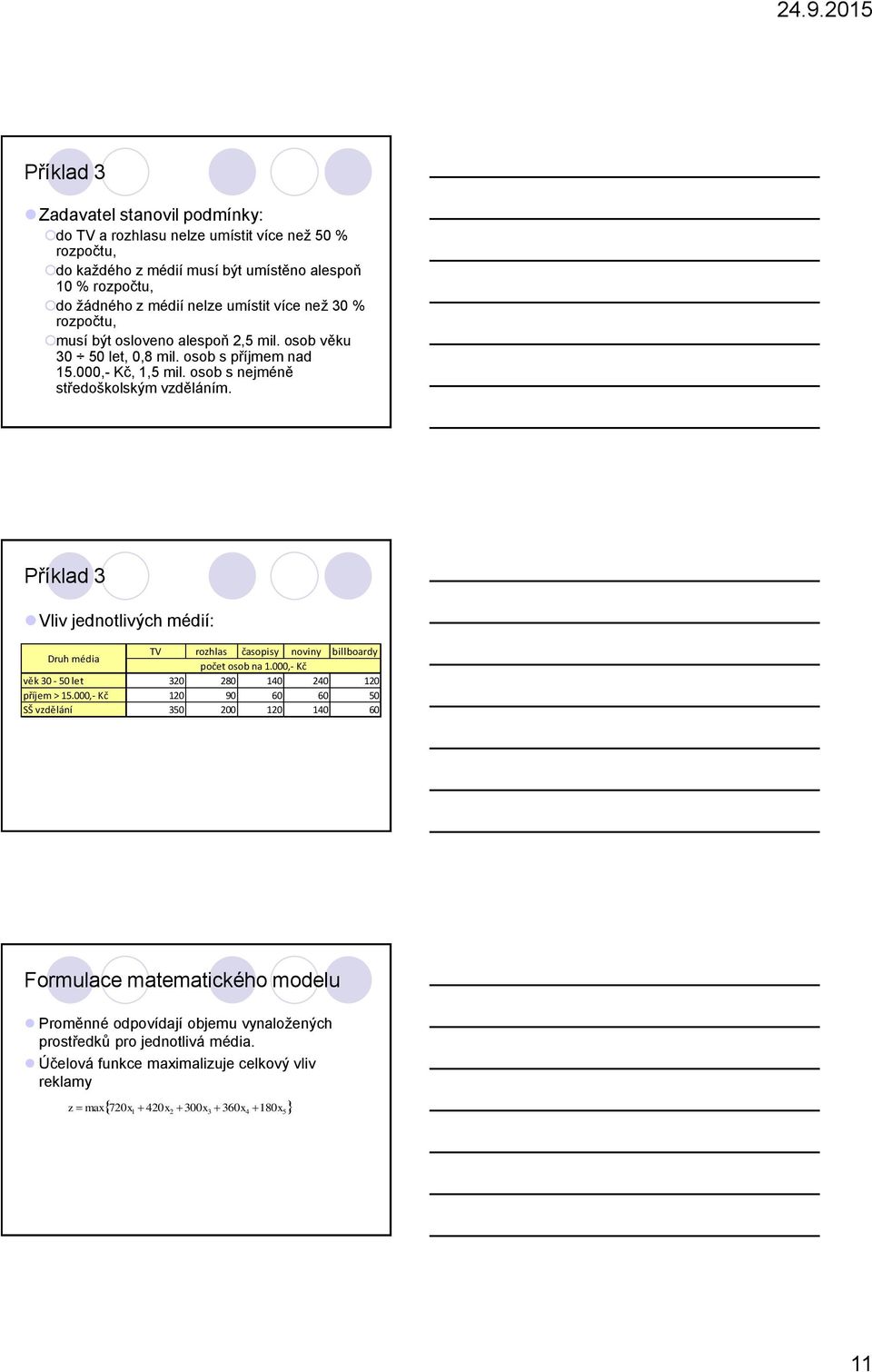 Příklad 3 Vliv jednotlivých médií: Druh média TV rozhlas časopisy noviny billboardy počet osob na.000,- Kč věk 30-50 let 320 280 40 240 20 příjem > 5.