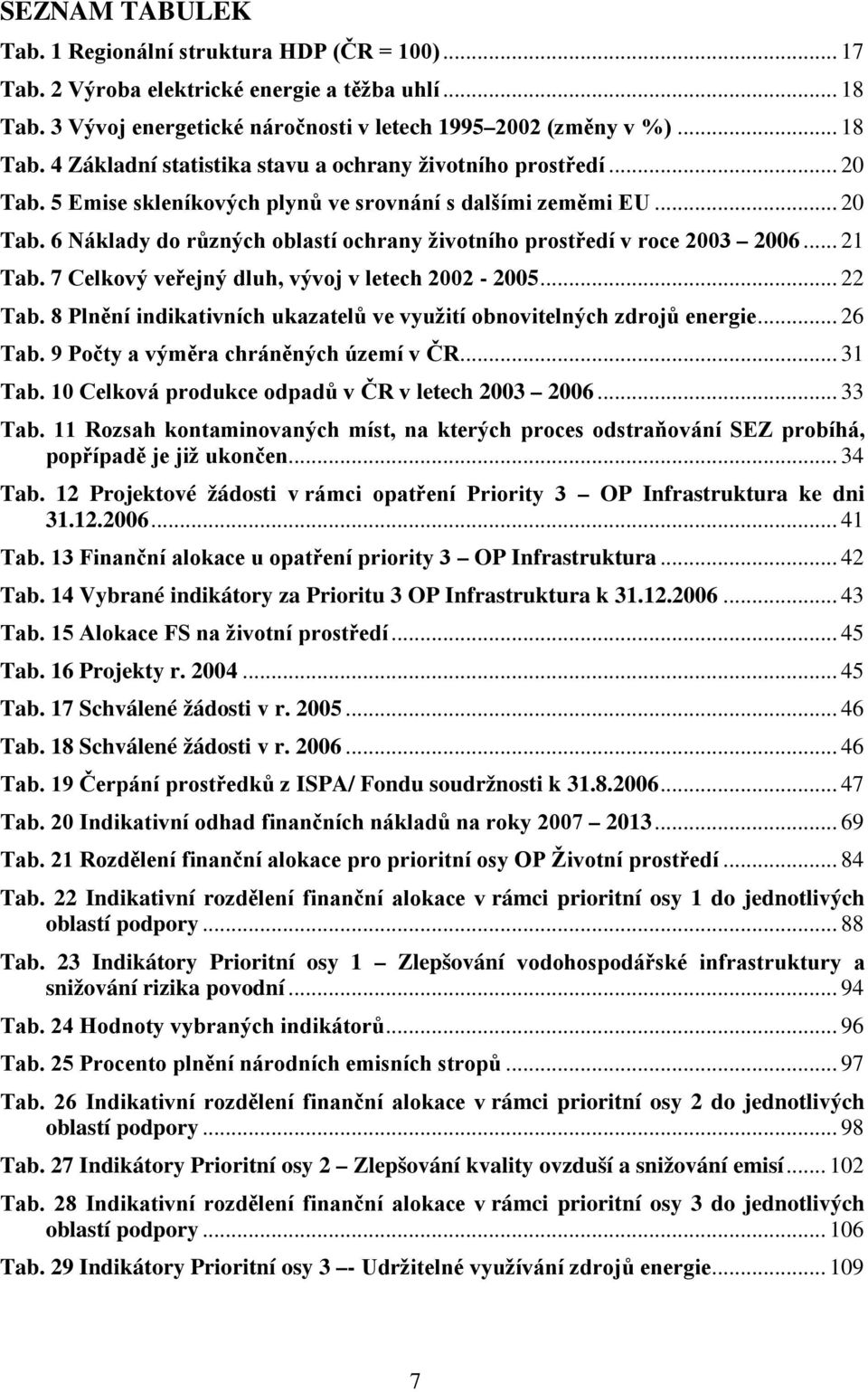 7 Celkový veřejný dluh, vývoj v letech 2002-2005... 22 Tab. 8 Plnění indikativních ukazatelů ve využití obnovitelných zdrojů energie... 26 Tab. 9 Počty a výměra chráněných území v ČR... 31 Tab.