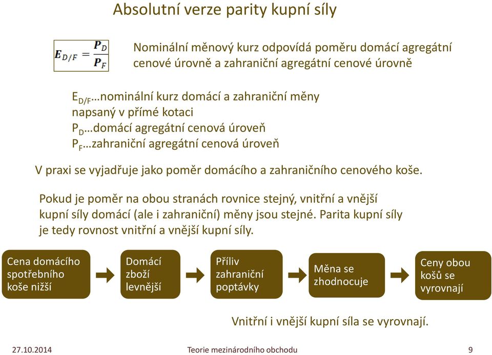 koše. Pokud je poměr na obou stranách rovnice stejný, vnitřní a vnější kupní síly domácí (ale i zahraniční) měny jsou stejné.