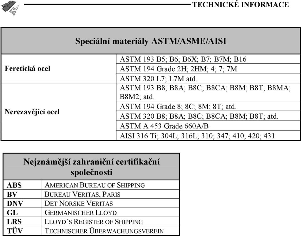 ASTM 320 B8; B8A; B8C; B8CA; B8M; B8T; atd.