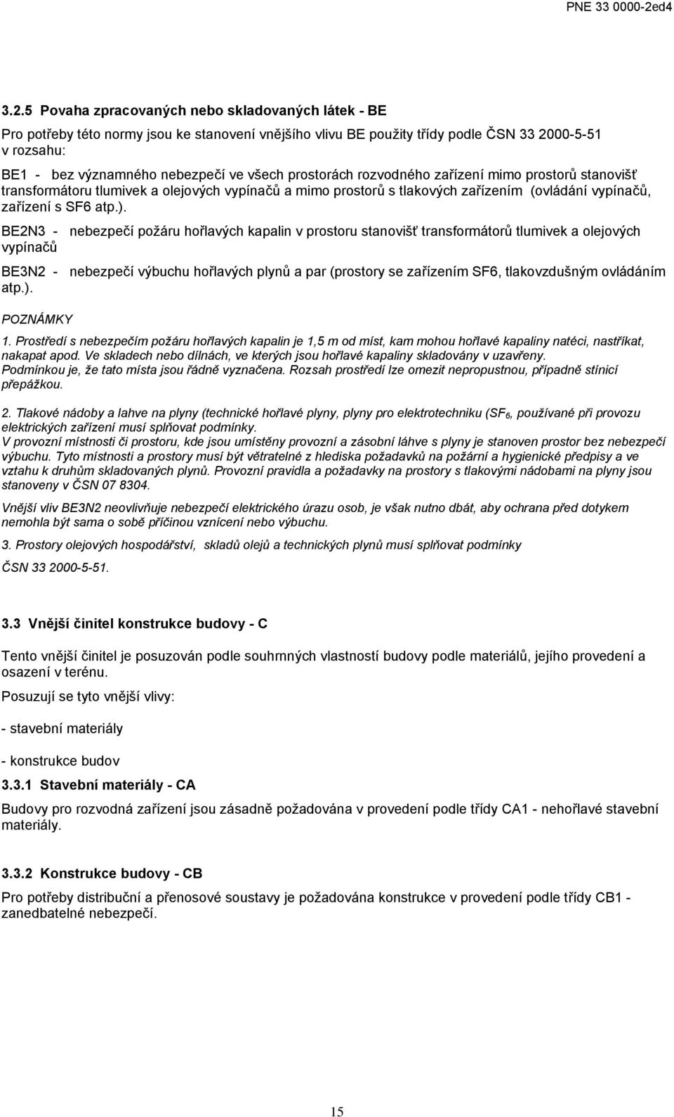 BE2N3 - nebezpečí požáru hořlavých kapalin v prostoru stanovišť transformátorů tlumivek a olejových vypínačů BE3N2 - nebezpečí výbuchu hořlavých plynů a par (prostory se zařízením SF6, tlakovzdušným