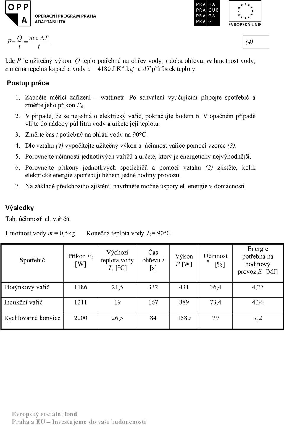 V opačném případě vlijte do nádoby půl litru vody a určete její teplotu. 3. Změřte čas t potřebný na ohřátí vody na 90 C. 4.