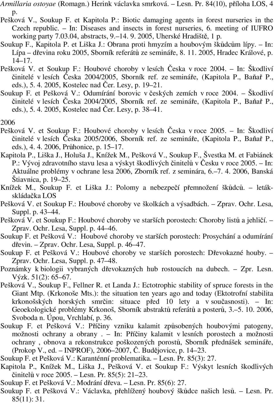 : Obrana proti hmyzím a houbovým škůdcům lípy. In: Lípa dřevina roku 2005, Sborník referátů ze semináře, 8. 11. 2005, Hradec Králové, p. 14 17. Pešková V. et Soukup F.