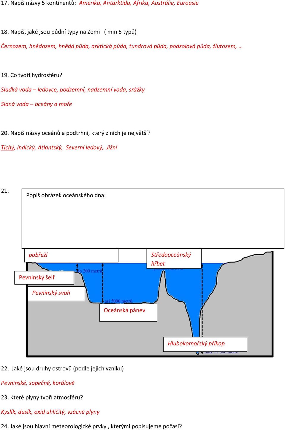 Sladká voda ledovce, podzemní, nadzemní voda, srážky Slaná voda oceány a moře 20. Napiš názvy oceánů a podtrhni, který z nich je největší? Tichý, Indický, Atlantský, Severní ledový, Jižní 21.