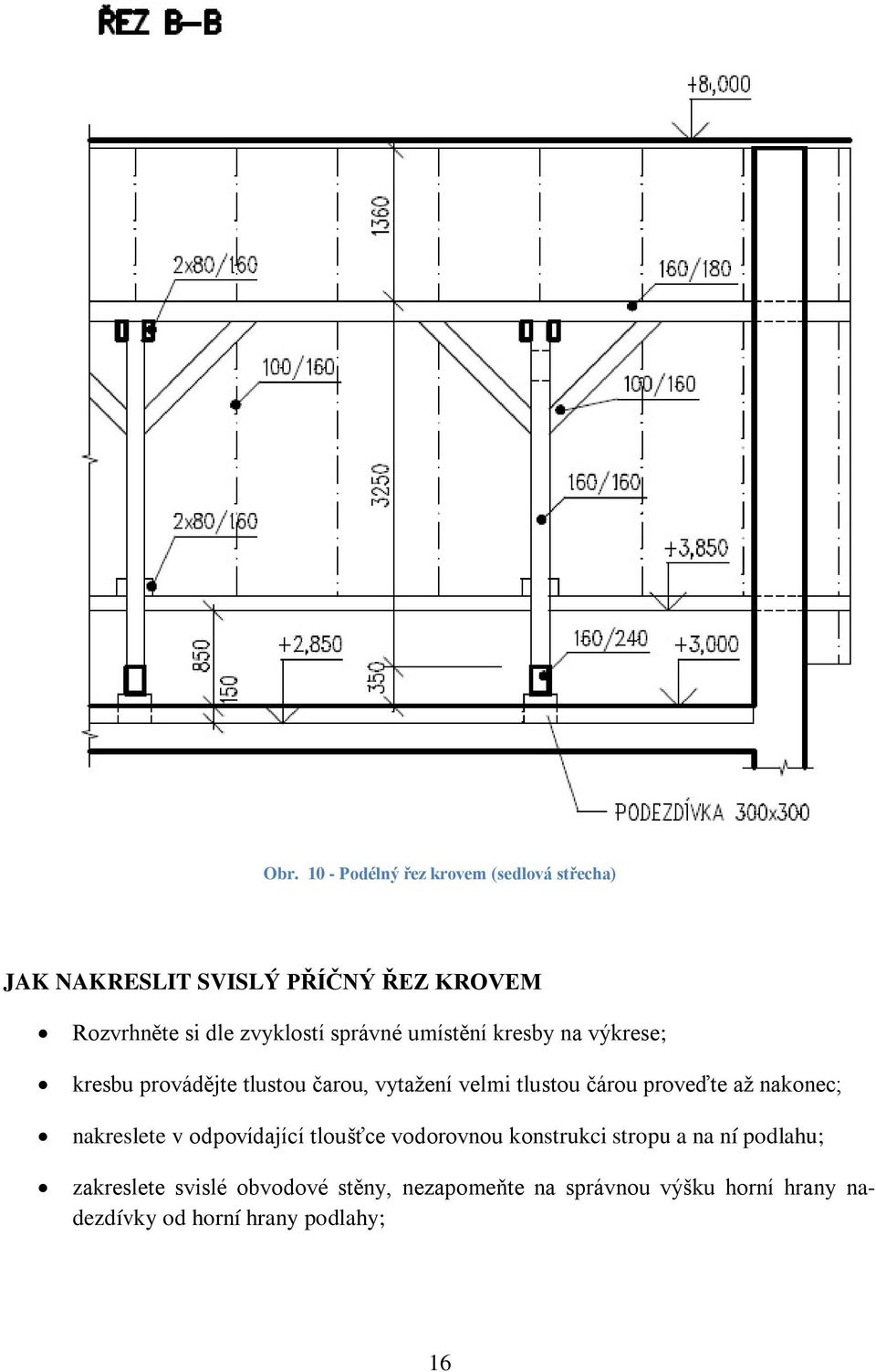 čárou proveďte až nakonec; nakreslete v odpovídající tloušťce vodorovnou konstrukci stropu a na ní