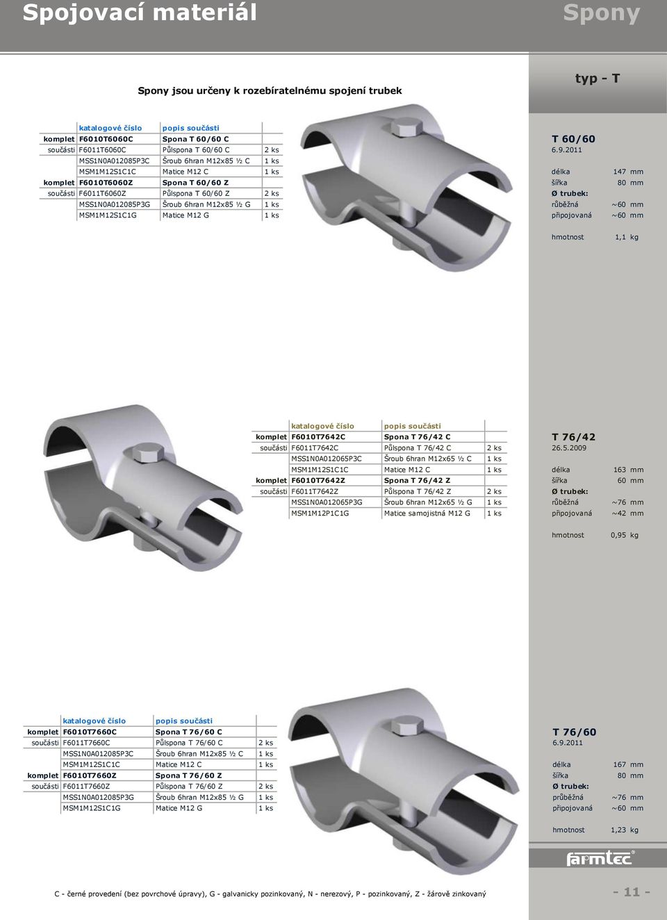 MSS1N0A012085P3G Šroub 6hran M12x85 ½ G 1 ks růběžná ~60 mm MSM1M12S1C1G Matice M12 G 1 ks připojovaná ~60 mm 1,1 kg komplet F6010T7642C Spona T 76/42 C T 76/42 součásti F6011T7642C Půlspona T 76/42