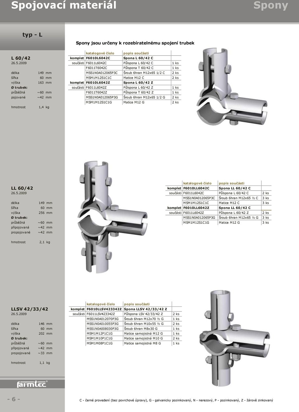 mm komplet F6010L6042Z Spona L 60/42 Z Ø trubek: součásti F6011L6042Z Půlspona L 60/42 Z 1 ks průběžná ~60 mm F6011T6042Z Půlspona T 60/42 Z 1 ks pojované ~42 mm MSS1N0A012065P3G Šroub 6hran M12x65