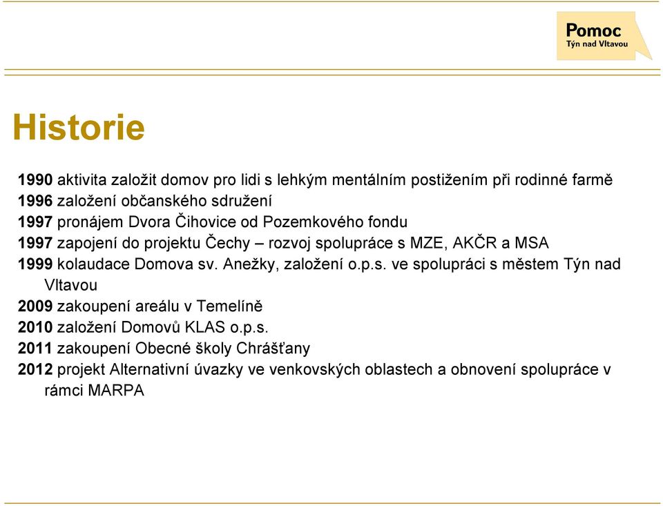 Domova sv. Anežky, založení o.p.s. ve spolupráci s městem Týn nad Vltavou 2009 zakoupení areálu v Temelíně 2010 založení Domovů KLAS o.