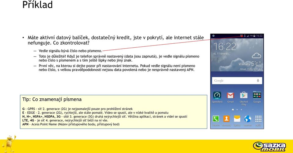 Pokud vedle signálu není písmeno nebo číslo, s velkou pravděpodobností nejsou data povolená nebo je nesprávně nastavený APN. Tip: Co znamenají písmena G GPRS síť 2.