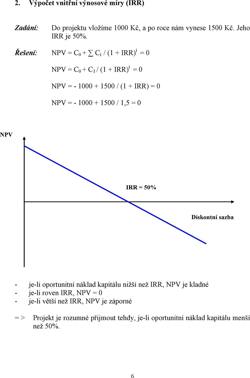 1500 / 1,5 = 0 NPV IRR = 50% Diskontní sazba - je-li oportunitní náklad kapitálu nižší než IRR, NPV je kladné - je-li roven IRR,