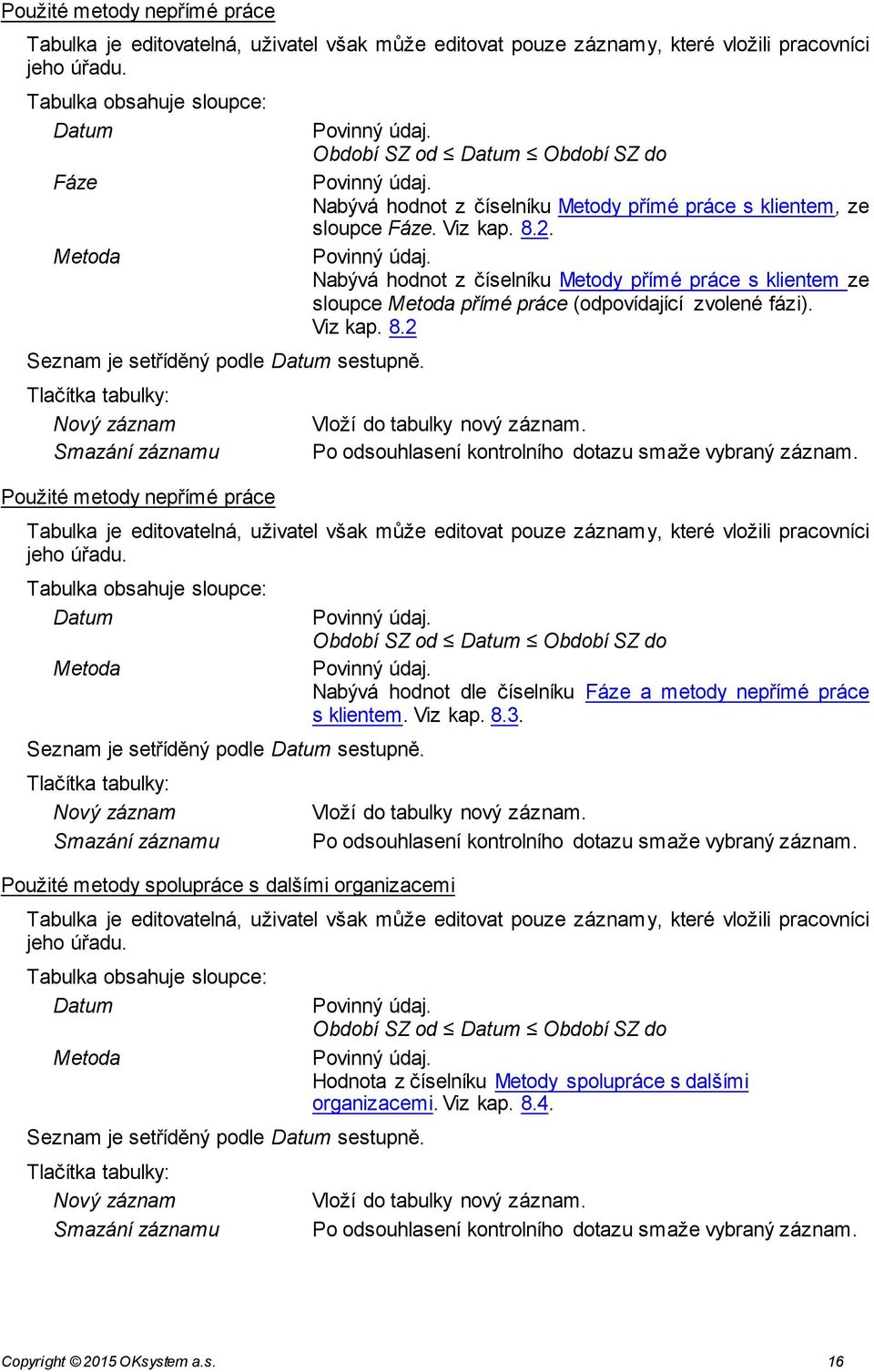 Období SZ od Datum Období SZ do Povinný údaj. Nabývá hodnot z číselníku Metody přímé práce s klientem, ze sloupce Fáze. Viz kap. 8.2. Povinný údaj. Nabývá hodnot z číselníku Metody přímé práce s klientem ze sloupce Metoda přímé práce (odpovídající zvolené fázi).