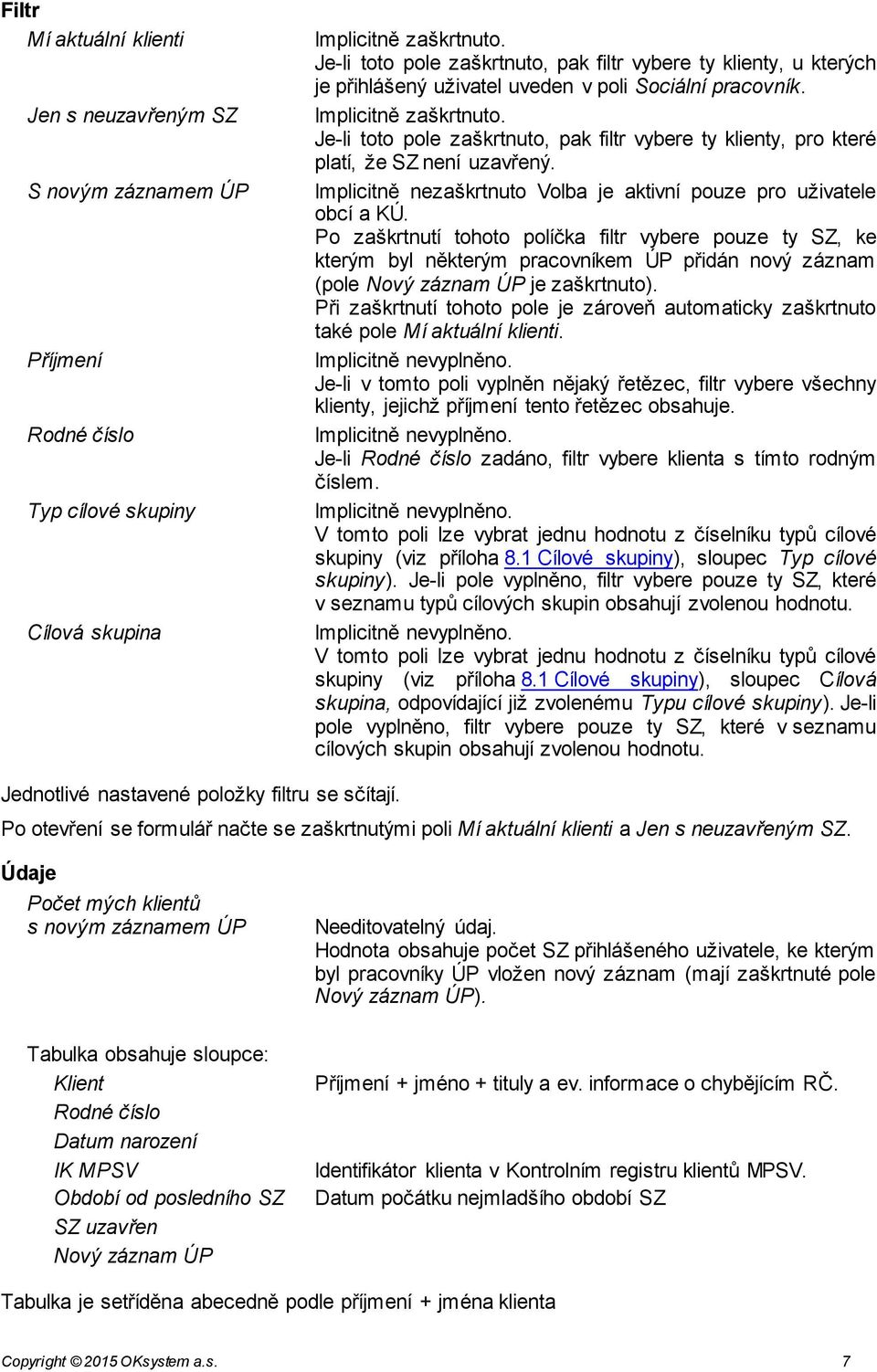 Je-li toto pole zaškrtnuto, pak filtr vybere ty klienty, pro které platí, že SZ není uzavřený. Implicitně nezaškrtnuto Volba je aktivní pouze pro uživatele obcí a KÚ.