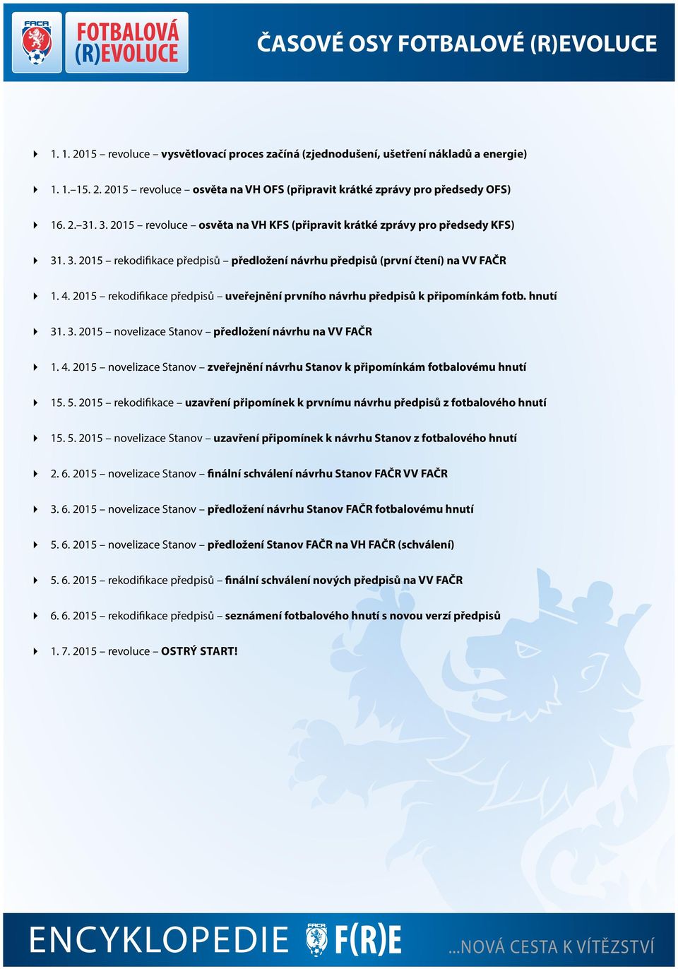 2015 rekodifikace předpisů uveřejnění prvního návrhu předpisů k připomínkám fotb. hnutí 31. 3. 2015 novelizace Stanov předložení návrhu na VV FAČR 1. 4.