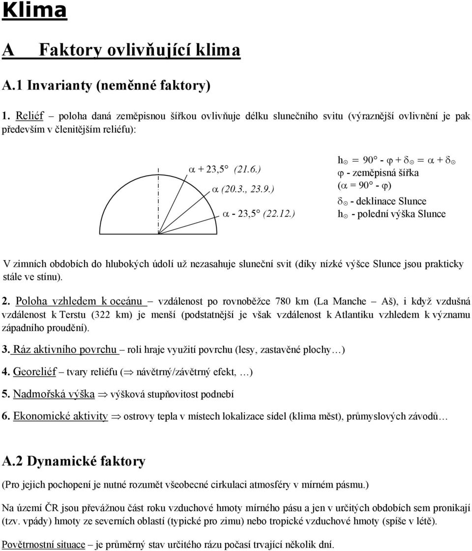 ) h = 90 - ϕ + δ = α + δ ϕ - zeměpisná šířka (α = 90 - ϕ) δ - deklinace Slunce h - polední výška Slunce V zimních obdobích do hlubokých údolí už nezasahuje sluneční svit (díky nízké výšce Slunce jsou