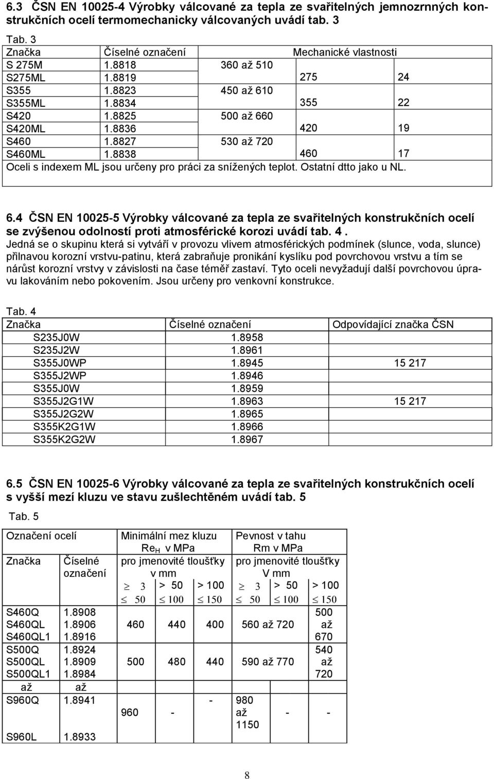 8838 460 17 Oceli s indexem ML jsou určeny pro práci za snížených teplot. Ostatní dtto jako u NL. 6.