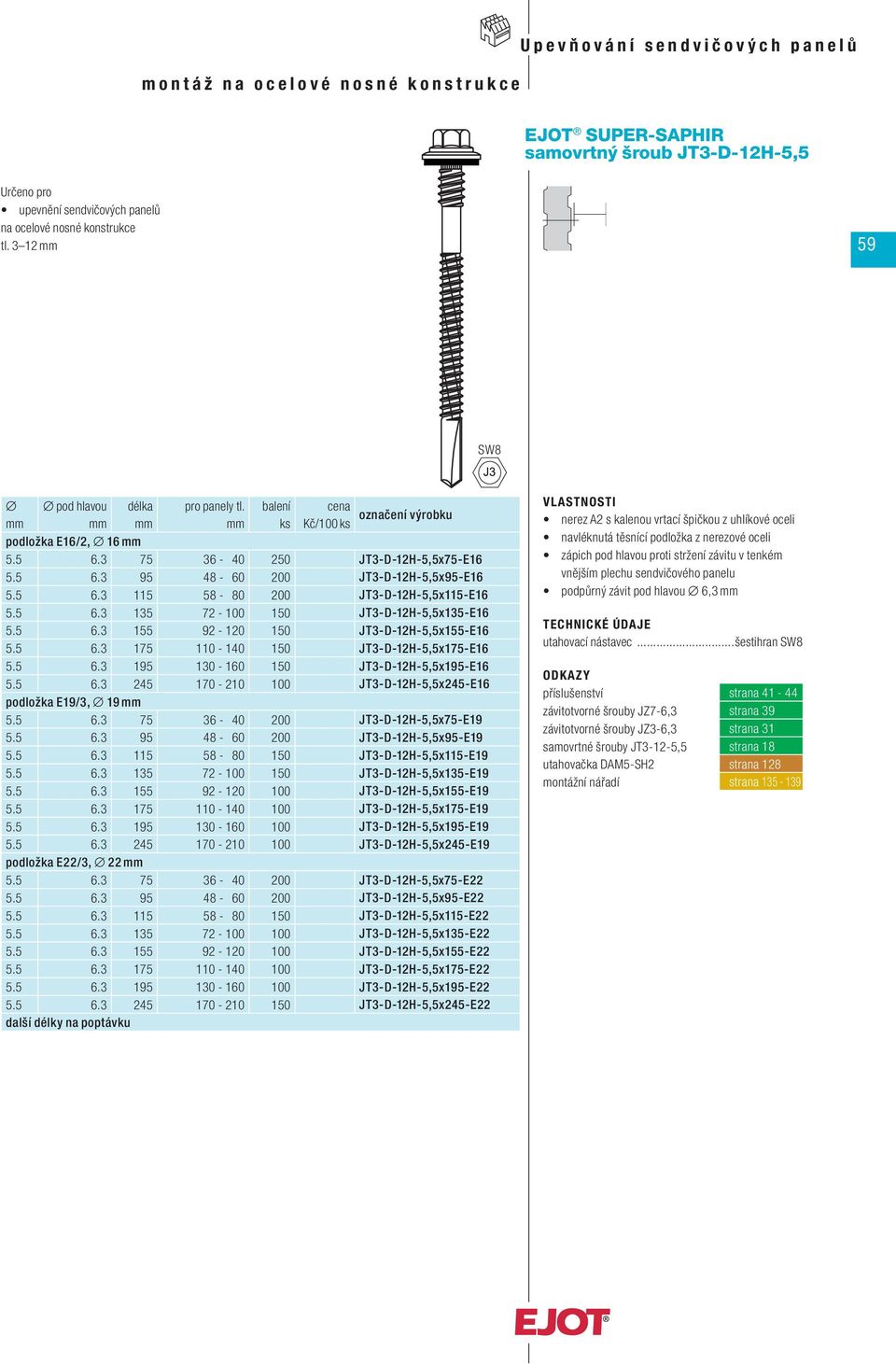 5 6.3 245 170-210 100 JT3-D-12H-5,5x245-E16 podložka E19/3, 19 5.5 6.3 75 36-40 200 JT3-D-12H-5,5x75-E19 5.5 6.3 95 48-60 200 JT3-D-12H-5,5x95-E19 5.5 6.3 115 58-80 150 JT3-D-12H-5,5x115-E19 5.5 6.3 135 72-100 150 JT3-D-12H-5,5x135-E19 5.