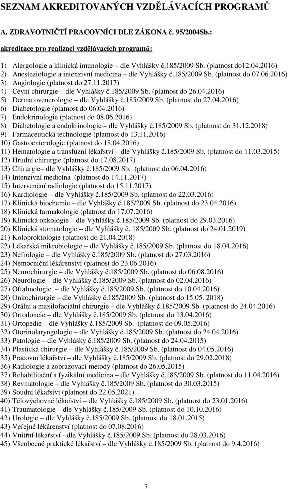 2017) 4) Cévní chirurgie dle Vyhlášky č.185/2009 Sb. (platnost do 26.04.2016) 5) Dermatovenerologie dle Vyhlášky č.185/2009 Sb. (platnost do 27.04.2016) 6) Diabetologie (platnost do 06.04.2016) 7) Endokrinologie (platnost do 08.