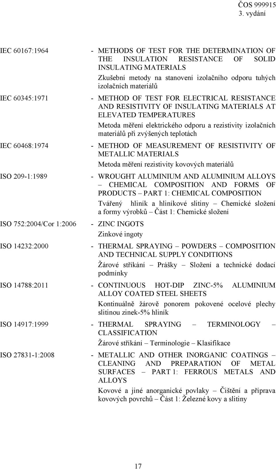 zvýšených teplotách IEC 60468:1974 - METHOD OF MEASUREMENT OF RESISTIVITY OF METALLIC MATERIALS Metoda měření rezistivity kovových materiálů ISO 209-1:1989 - WROUGHT ALUMINIUM AND ALUMINIUM ALLOYS