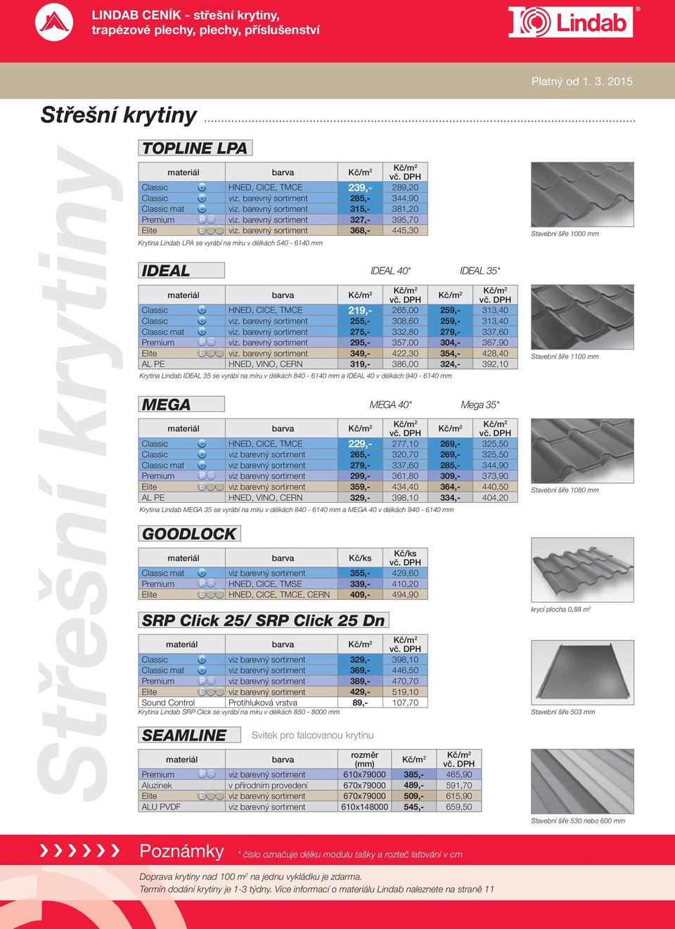 barevný sortiment 368,- 445,30 Krytina Lindab LPA se vyrábí na míru v délkách 540-6140 mm IDEAL IDEAL 40* IDEAL 35* 2 Classic C HNED, CICE, TMCE 219,- 265,00 259,- 313,40 Classic C viz.