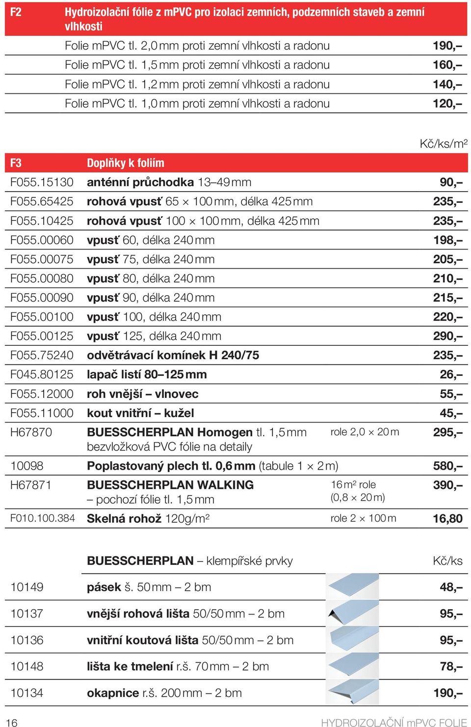 15130 anténní průchodka 13 49 mm 90, F055.65425 rohová vpusť 65 100 mm, délka 425 mm 235, F055.10425 rohová vpusť 100 100 mm, délka 425 mm 235, F055.00060 vpusť 60, délka 240 mm 198, F055.