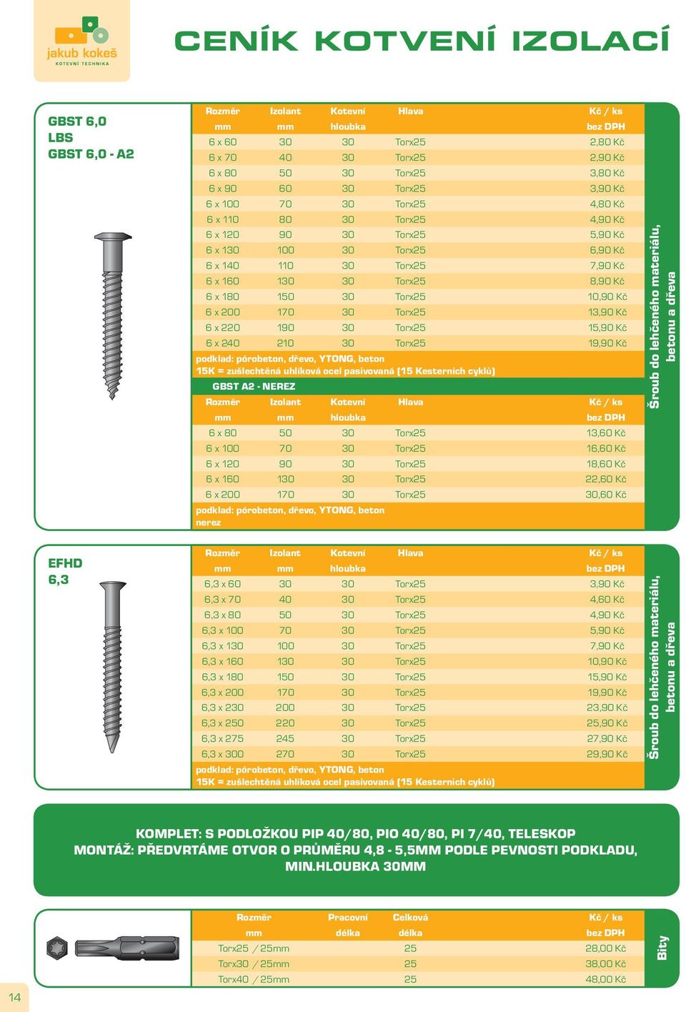 10,90 Kč 6 x 200 170 30 Torx25 13,90 Kč 6 x 220 190 30 Torx25 15,90 Kč 6 x 240 210 30 Torx25 19,90 Kč podklad: pórobeton, dřevo, YTONG, beton 15K = zušlechtěná uhlíková ocel pasivovaná (15 Kesternich