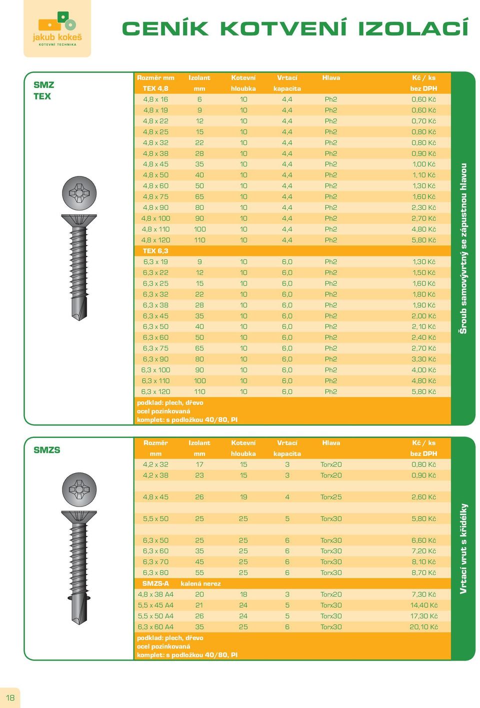 75 65 10 4,4 Ph2 1,60 Kč 4,8 x 90 80 10 4,4 Ph2 2,30 Kč 4,8 x 100 90 10 4,4 Ph2 2,70 Kč 4,8 x 110 100 10 4,4 Ph2 4,80 Kč 4,8 x 120 110 10 4,4 Ph2 5,80 Kč TEX 6,3 6,3 x 19 9 10 6,0 Ph2 1,30 Kč 6,3 x