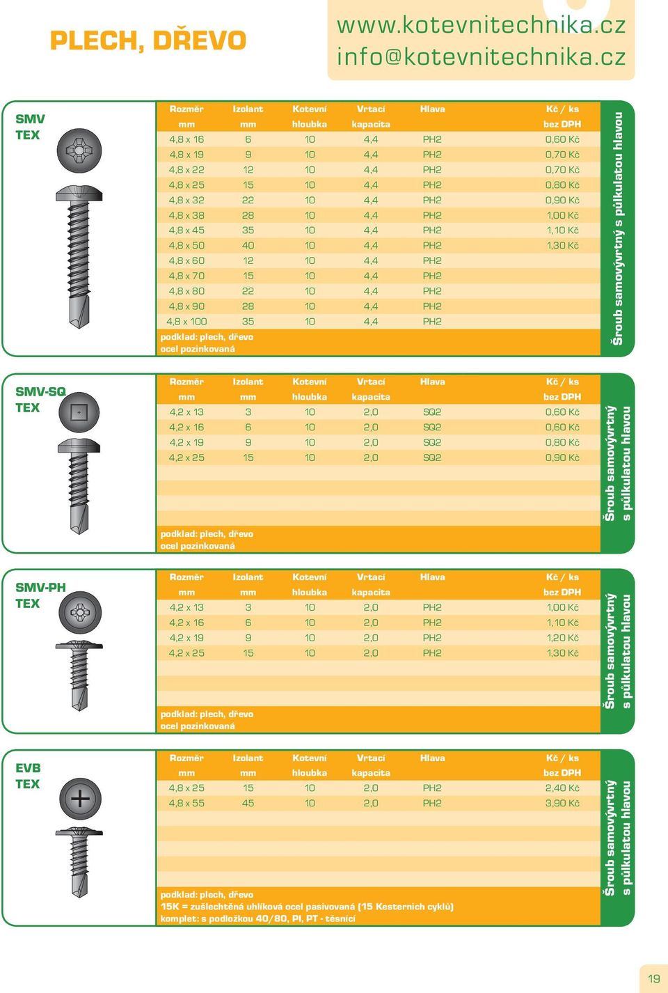 0,80 Kč 4,8 x 32 22 10 4,4 PH2 0,90 Kč 4,8 x 38 28 10 4,4 PH2 1,00 Kč 4,8 x 45 35 10 4,4 PH2 1,10 Kč 4,8 x 50 40 10 4,4 PH2 1,30 Kč 4,8 x 60 12 10 4,4 PH2 4,8 x 70 15 10 4,4 PH2 4,8 x 80 22 10 4,4