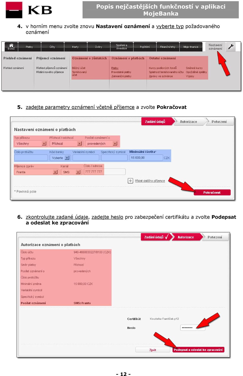 zadejte parametry oznámení včetně příjemce a zvolte Pokračovat 6.