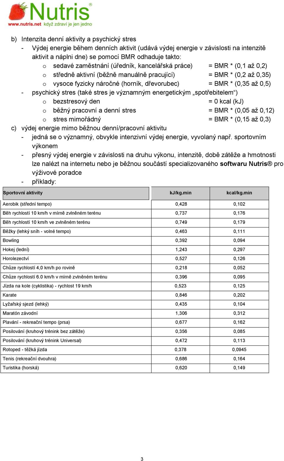 psychický stres (také stres je významným energetickým spotřebitelem ) o bezstresový den = 0 kcal (kj) o běžný pracovní a denní stres = BMR * (0,05 až 0,12) o stres mimořádný = BMR * (0,15 až 0,3) c)