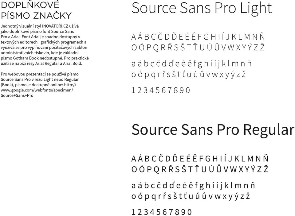 Pro praktické užití se nabízí řezy Arial Regular a Arial Bold. Pro webovou prezentaci se používá písmo Source Sans Pro v řezu Light nebo Regular (Book), písmo je dostupné online: http:// www.google.