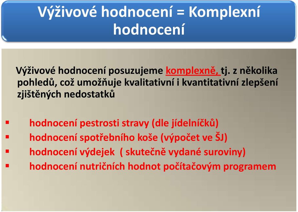 nedostatků hodnocení pestrosti stravy (dle jídelníčků) hodnocení spotřebního koše (výpočet