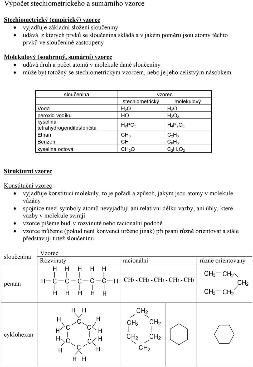 sloučenina vzorec stechiometrický molekulový Voda 2 2 peroxid vodíku 2 2 kyselina tetrahydrogendifosforičitá 2 P 3 4 P 2 6 Ethan 3 2 6 Benzen 6 6 kyselina octová 2 2 4 2 Strukturní vzorec Konstituční