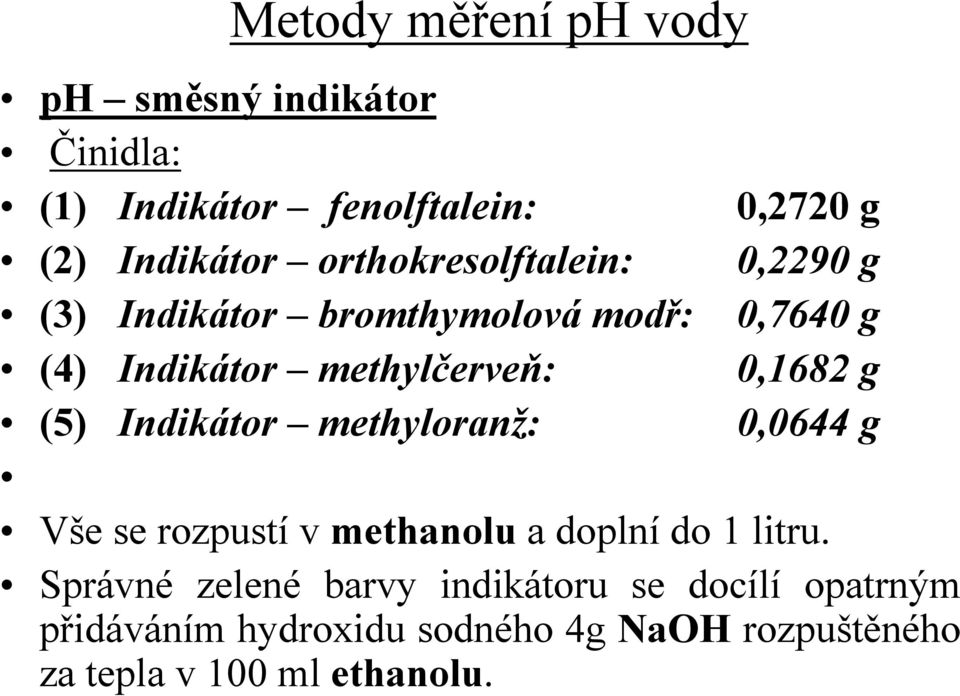 0,1682 g (5) Indikátor methyloranž: 0,0644 g Vše se rozpustí v methanolu a doplní do 1 litru.