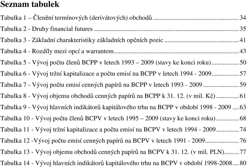 ..50 Tabulka 6 - Vývoj tržní kapitalizace a počtu emisí na BCPP v letech 1994-2009...57 Tabulka 7 - Vývoj počtu emisí cenných papírů na BCPP v letech 1993-2009.