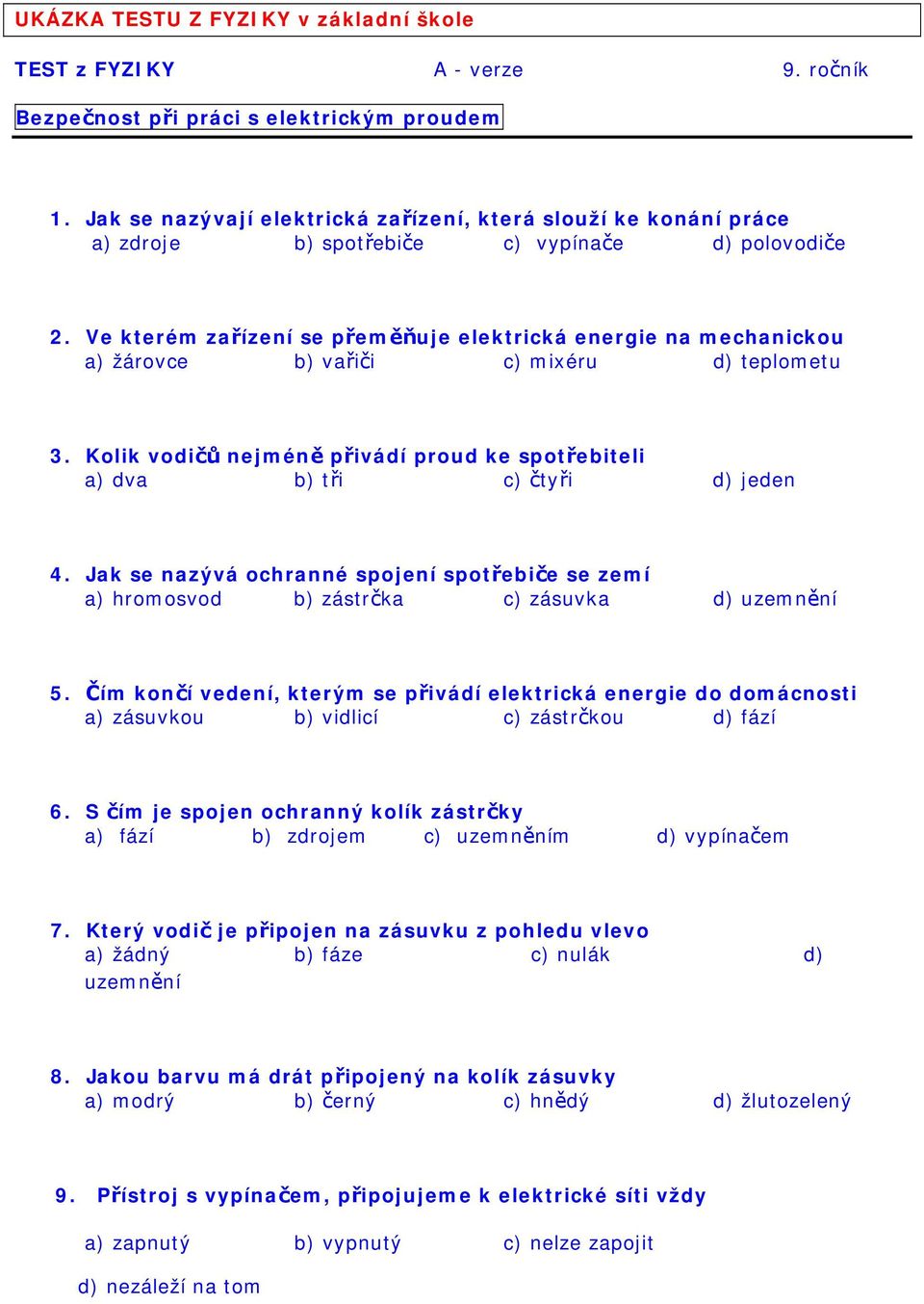 TEST z FYZIKY A - verze 9. ročník - PDF Stažení zdarma