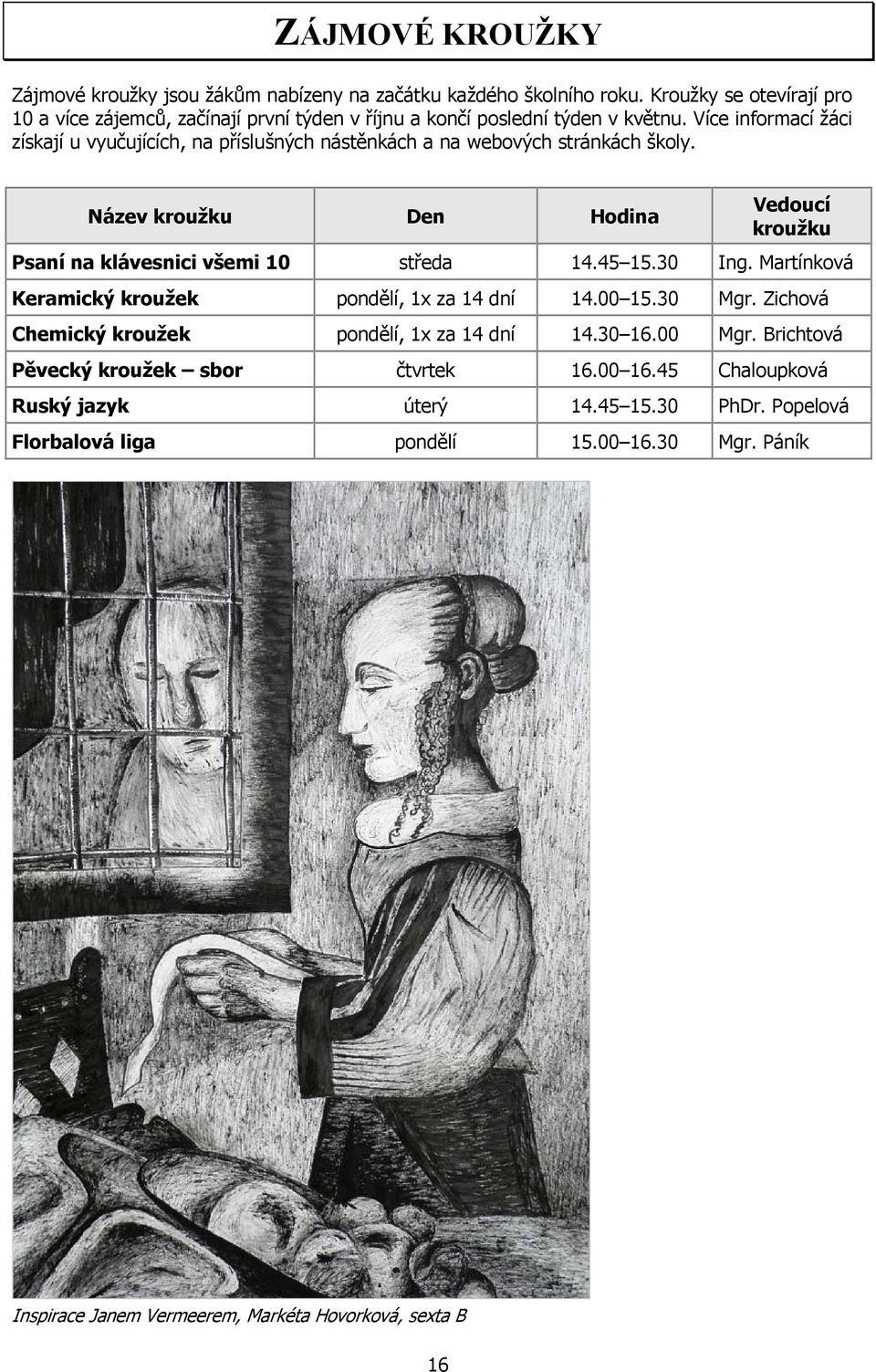 Více informací žáci získají u vyučujících, na příslušných nástěnkách a na webových stránkách školy. Název kroužku Den Hodina Vedoucí kroužku Psaní na klávesnici všemi 10 středa 14.