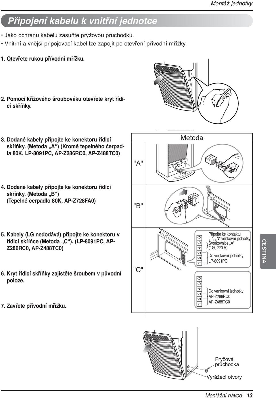 (Metoda A ) (Kromě tepelného čerpadla 80K, LP-8091PC, AP-Z286RC0, AP-Z488TC0) Metoda "A" 4. Dodané kabely připojte ke konektoru řídicí skříňky. (Metoda B ) (Tepelné čerpadlo 80K, AP-Z728FA0) "B" 5.