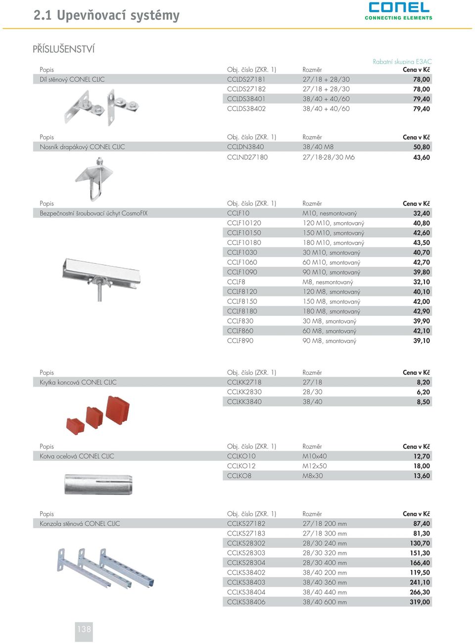 1) Rozměr Cena v Kč Nosník drapákový CONEL CLIC CCLDN3840 38/40 M8 50,80 CCLND27180 27/18-28/30 M6 43,60 Popis Obj. číslo (ZKR.