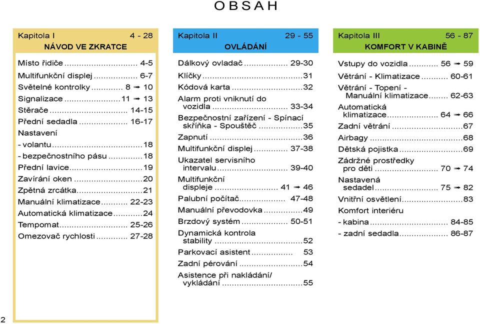 .. 27-28 Kapitola II 29-55 OVLÁDÁNÍ Dálkový ovladač... 29-30 Klíčky...31 Kódová karta...32 Alarm proti vniknutí do vozidla... 33-34 Bezpečnostní zařízení - Spínací skříňka - Spouštěč...35 Zapnutí.